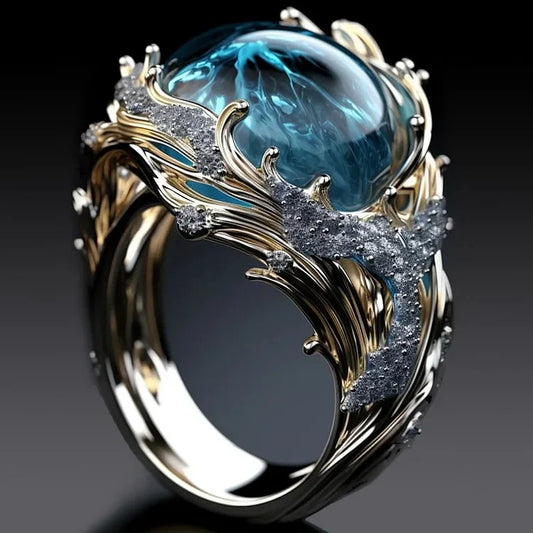 Eleganter Vintage Goldring mit großem blauen Topas und Kristallen