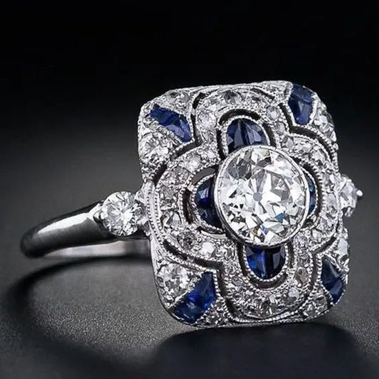 Art-Deco-Silberring mit blauem Zirkonia