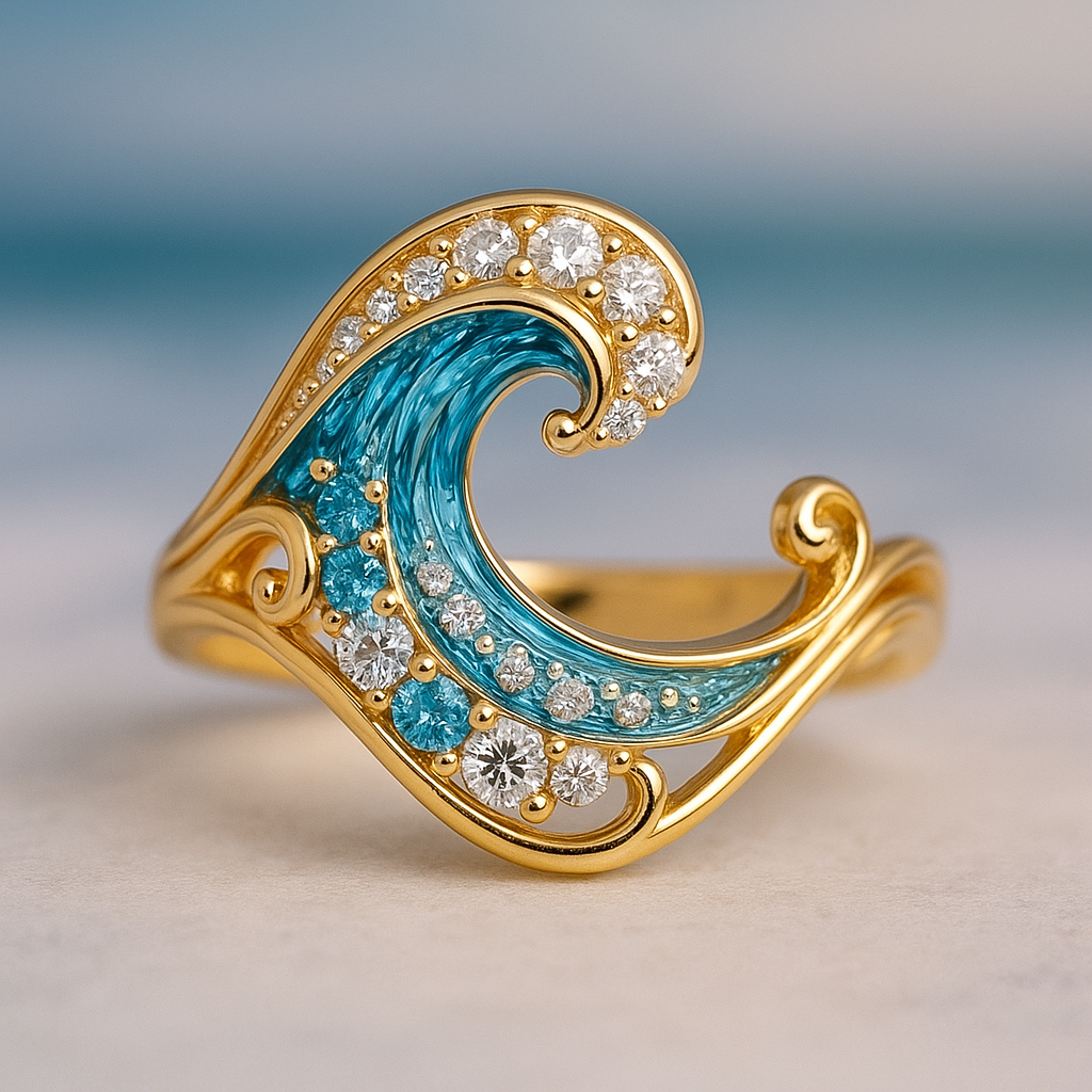 Ring mit blauer glänzender Welle