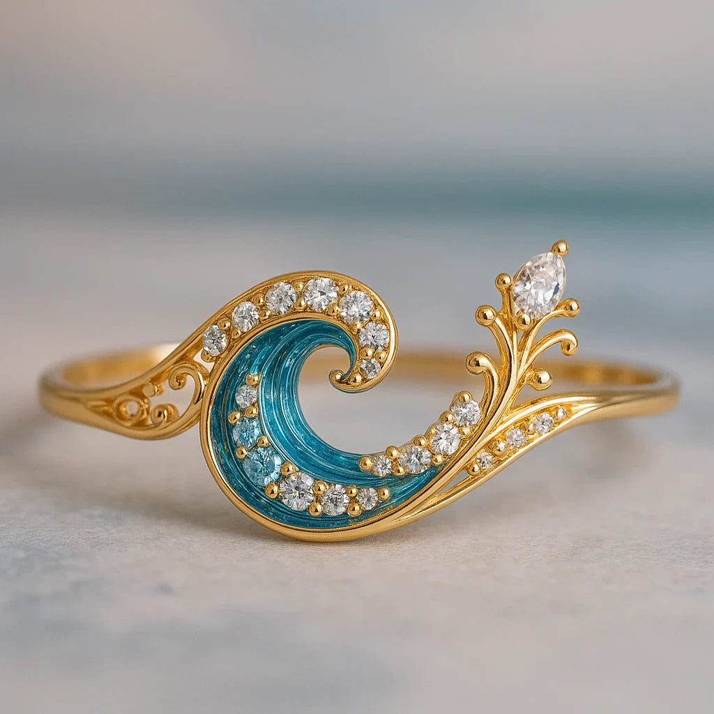 Meereswellenring mit blauer Emaille und Kristallen