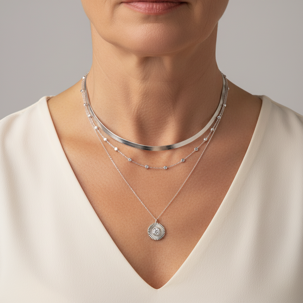 Schicker Zirkonia-Lagenlook-Collier mit Sonnen-Anhänger
