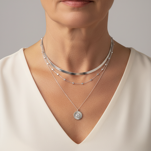 Schicker Zirkonia-Lagenlook-Collier mit Sonnen-Anhänger