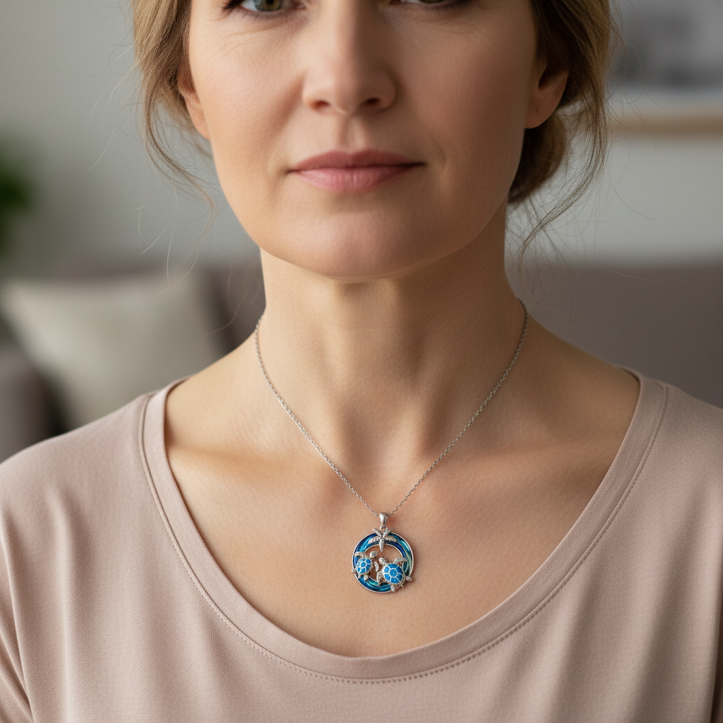 Opal Schildkröten Halskette mit Palmen-Motiv im Ozeankreis