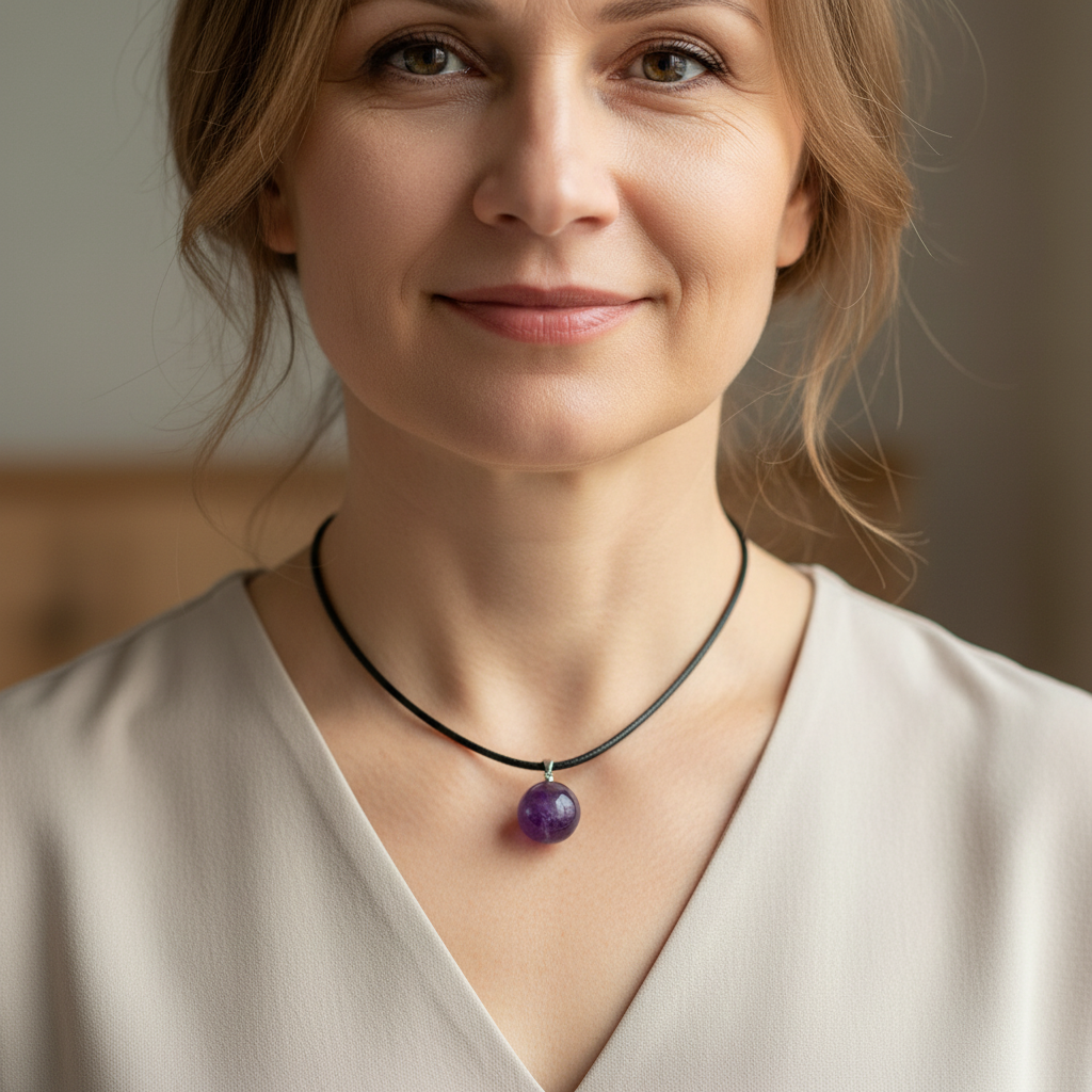 Amethyst Kugel Anhänger Halskette auf schwarzem Lederband Unisex