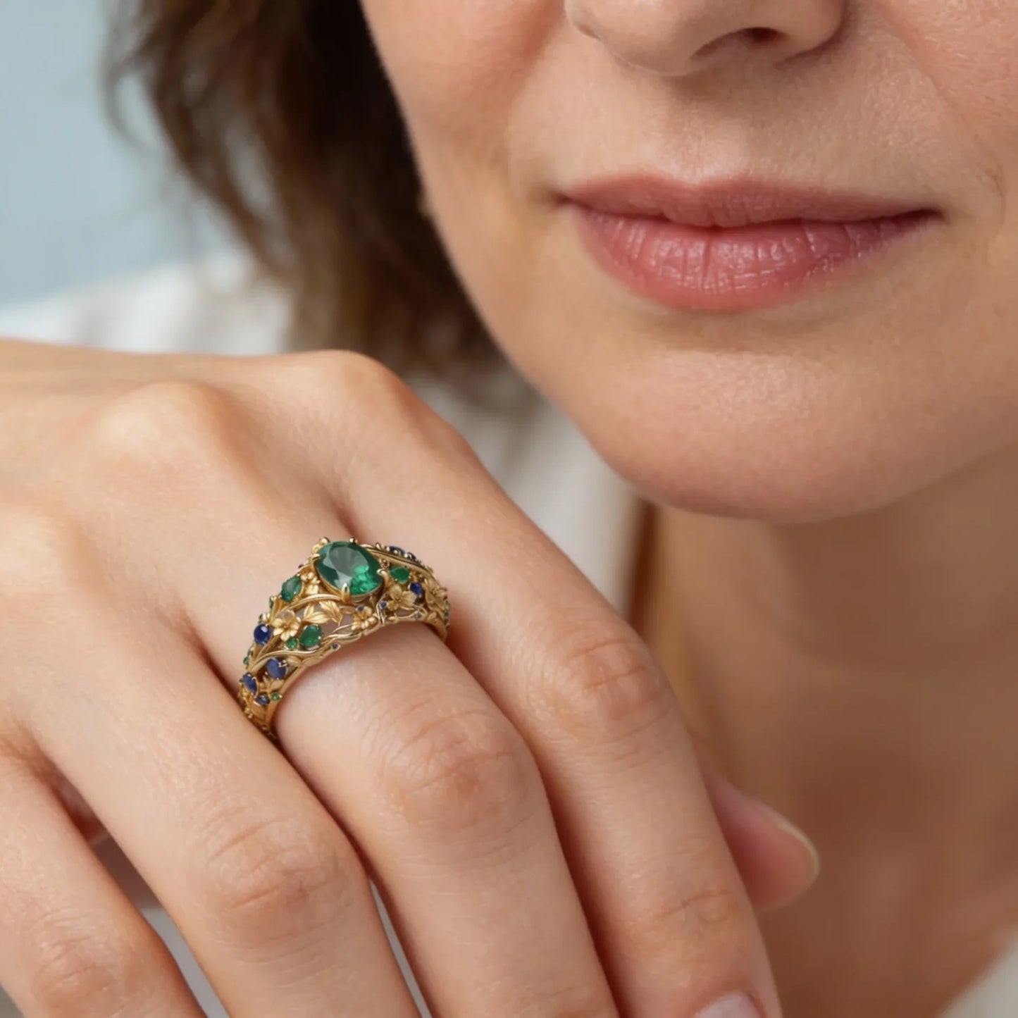 Luxuriöser Blumenring mit grünen und blauen Kristallen