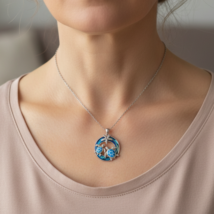 Opal Schildkröten Halskette mit Palmen-Motiv im Ozeankreis