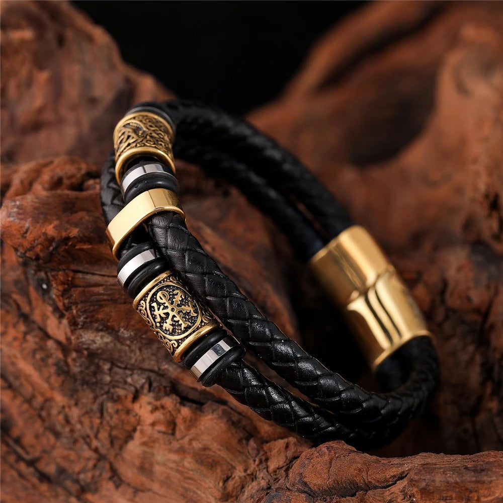 Herren Armband geflochtenes Leder Schwarz mit markanten Edelstahl-Ornamenten