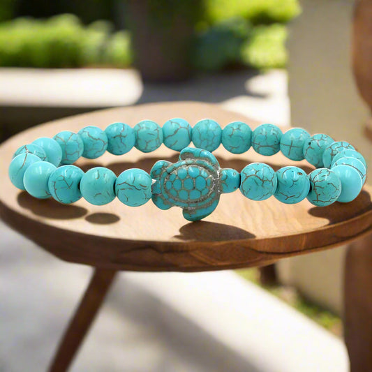 Naturstein-Armband mit Türkis-Schildkröten-Anhänger und Perlen