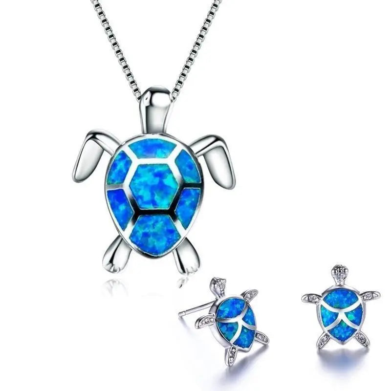 Opal Schildkröten Schmuckset mit Halskette und Ohrsteckern im Meeresstil