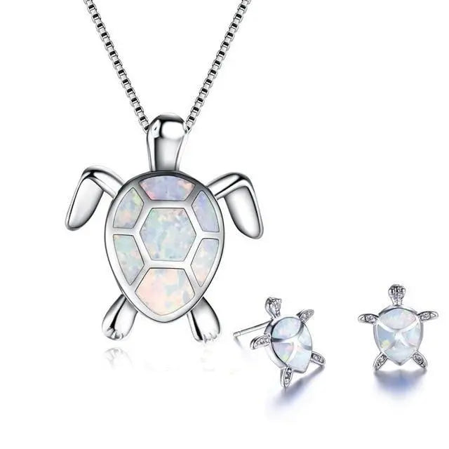 Opal Schildkröten Schmuckset mit Halskette und Ohrsteckern im Meeresstil