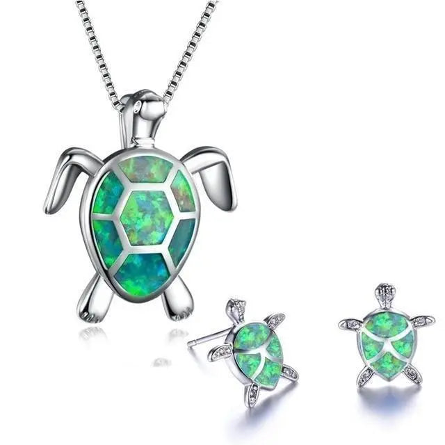 Opal Schildkröten Schmuckset mit Halskette und Ohrsteckern im Meeresstil