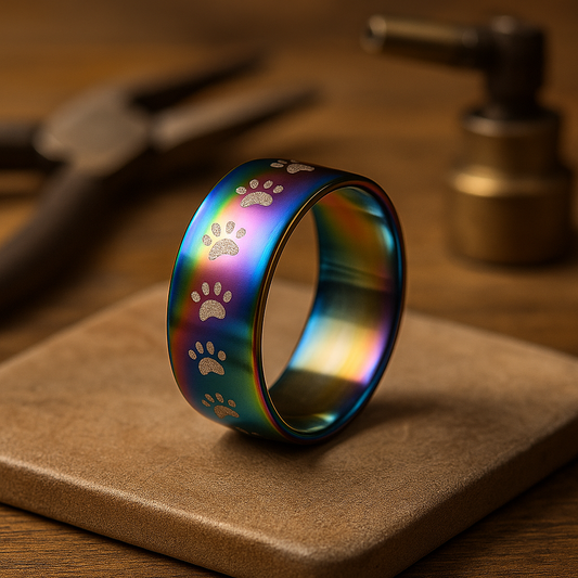 Bastelring aus Edelstahl mit Regenbogenpfotenabdruck